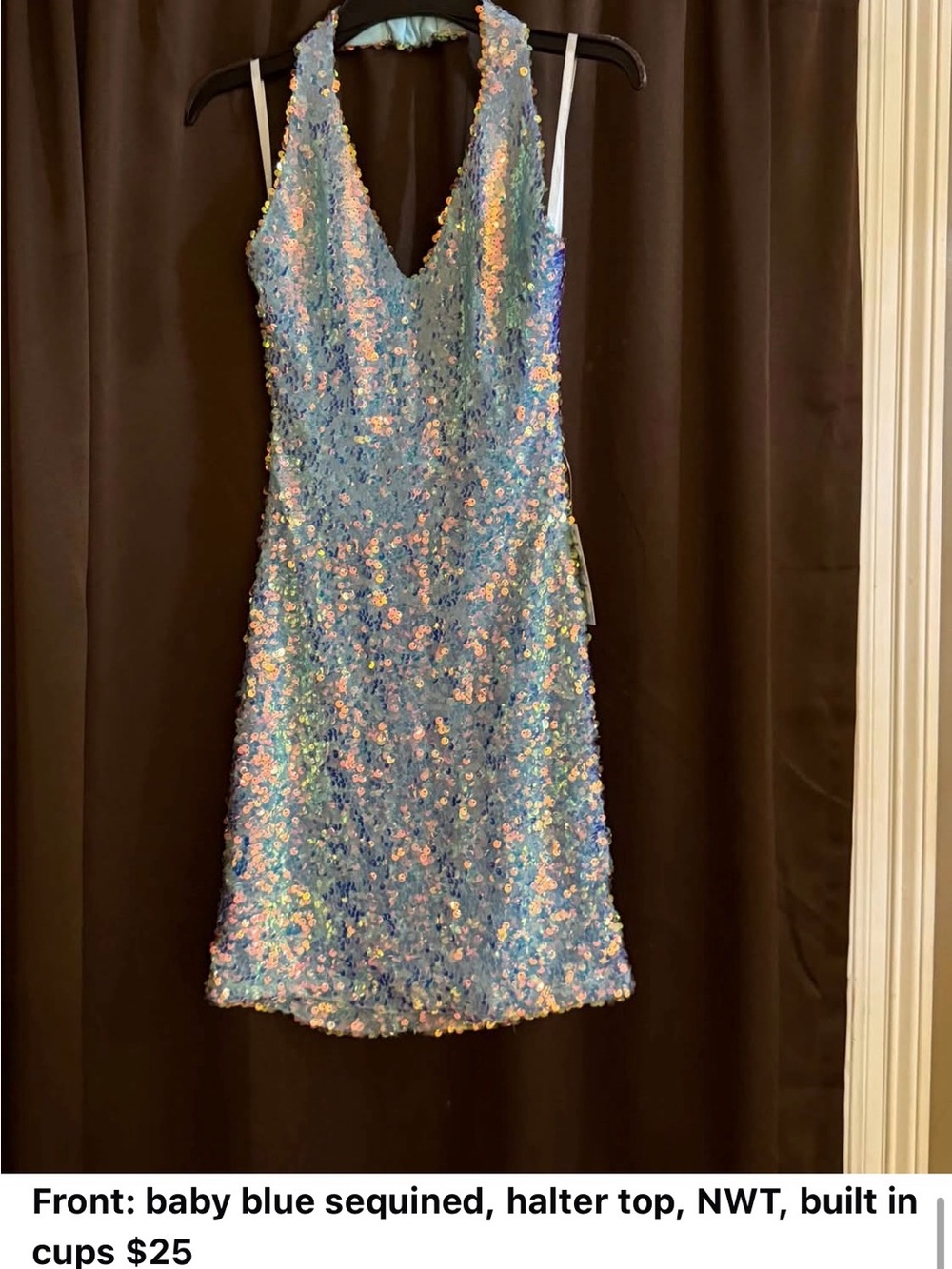 Baby Blue Sequin Halter Mini Dress with V-Neck